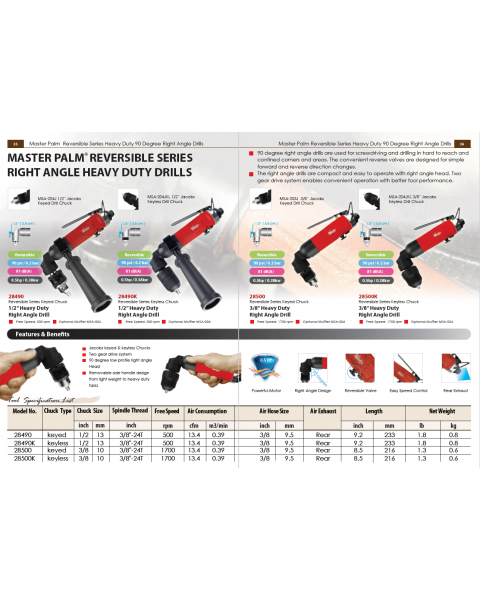 Master Palm MPT-28490K Industrial 1/2"  Right Angle Pneumatic Air Drill, Jacobs Quick Change Chuck With Side Handle, Low Profile 90 Degree Angle, 500 Rpm